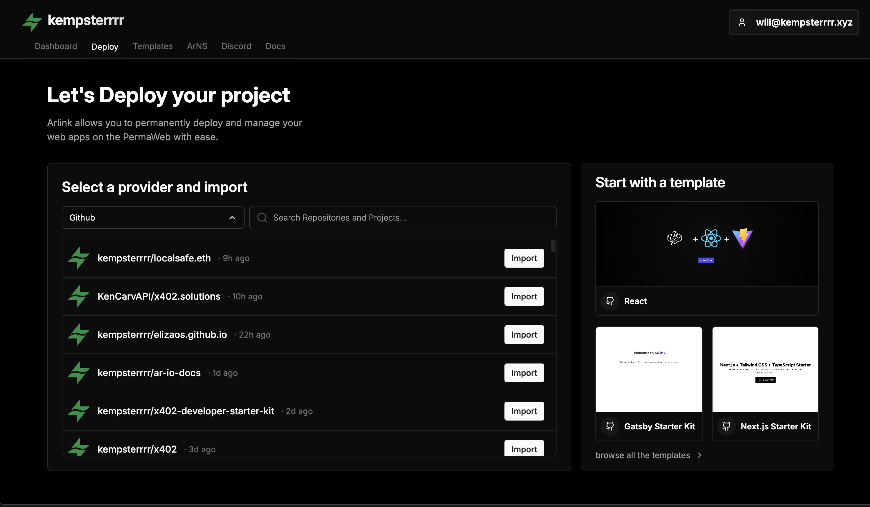 Arlink repository selection interface showing GitHub repositories with import buttons